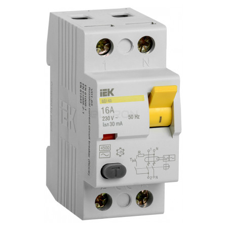 Пристрій захисного відключення (ПЗВ) IEK ВД1-63 2P 16А 30мА тип AC (MDV10-2-016-030) фото