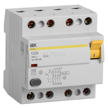 Пристрій захисного відключення (ПЗВ) IEK ВД1-63 4P 100А 100мА тип AC (MDV10-4-100-100) фото